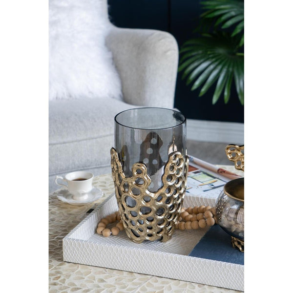 HomeRoots 11" Black Glass Vase with Gold Aluminum Geometric Circles - Modern Elegance for Every Space 574251