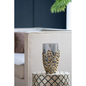 HomeRoots 11" Black Glass Vase with Gold Aluminum Geometric Circles - Modern Elegance for Every Space 574251