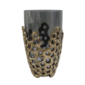 HomeRoots 11" Black Glass Vase with Gold Aluminum Geometric Circles - Modern Elegance for Every Space 574251