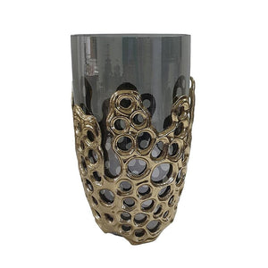 HomeRoots 11" Black Glass Vase with Gold Aluminum Geometric Circles - Modern Elegance for Every Space 574251