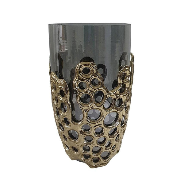 HomeRoots 11" Black Glass Vase with Gold Aluminum Geometric Circles - Modern Elegance for Every Space 574251