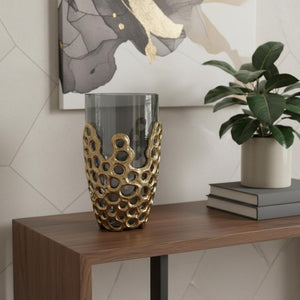 HomeRoots 11" Black Glass Vase with Gold Aluminum Geometric Circles - Modern Elegance for Every Space 574251