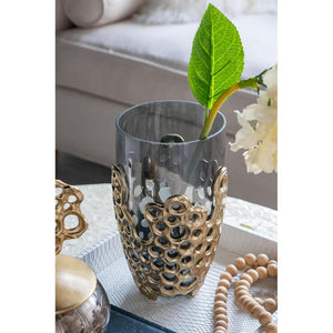 HomeRoots 11" Black Glass Vase with Gold Aluminum Geometric Circles - Modern Elegance for Every Space 574251