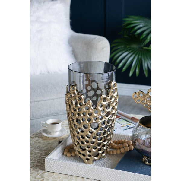 HomeRoots 15" Striking Black and Gold Cylinder Vase - Modern Aluminum and Glass Accent for Stylish Decor 574252