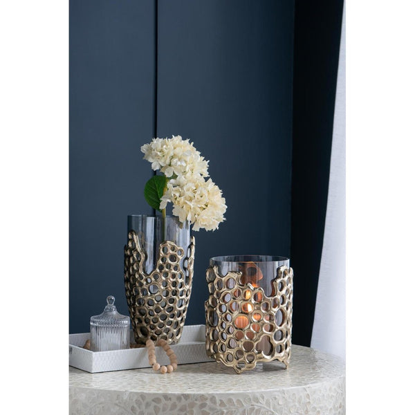 HomeRoots 15" Striking Black and Gold Cylinder Vase - Modern Aluminum and Glass Accent for Stylish Decor 574252