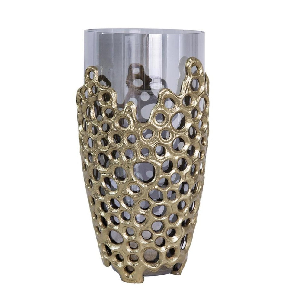 HomeRoots 15" Striking Black and Gold Cylinder Vase - Modern Aluminum and Glass Accent for Stylish Decor 574252