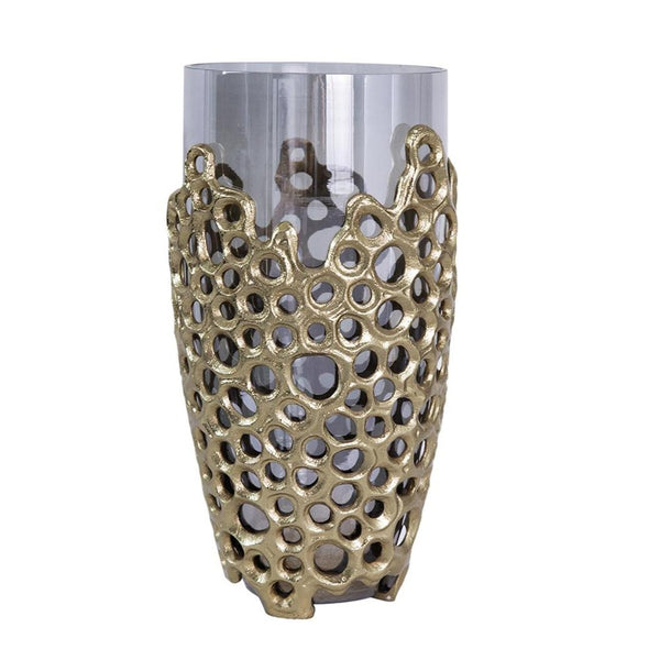 HomeRoots 15" Striking Black and Gold Cylinder Vase - Modern Aluminum and Glass Accent for Stylish Decor 574252