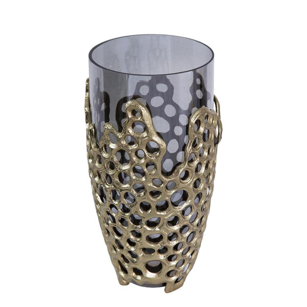 HomeRoots 15" Striking Black and Gold Cylinder Vase - Modern Aluminum and Glass Accent for Stylish Decor 574252