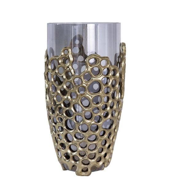 HomeRoots 15" Striking Black and Gold Cylinder Vase - Modern Aluminum and Glass Accent for Stylish Decor 574252