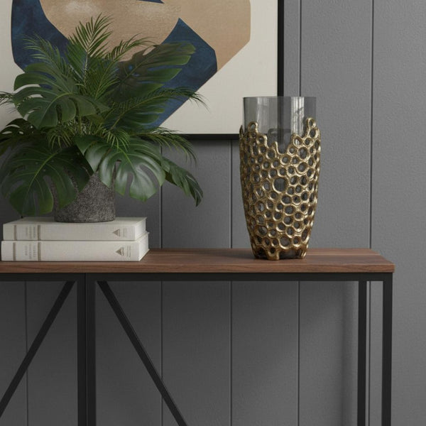 HomeRoots 15" Striking Black and Gold Cylinder Vase - Modern Aluminum and Glass Accent for Stylish Decor 574252