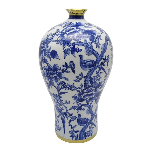 HomeRoots 18" Chinoiserie Floral Porcelain Vase – Elegant Blue & White Urn with Gold Accents for Home Décor 574255