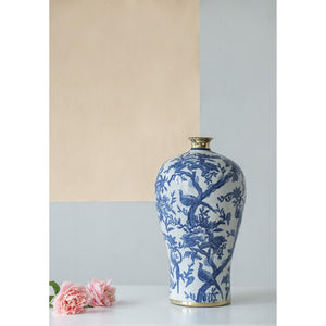 HomeRoots 18" Chinoiserie Floral Porcelain Vase – Elegant Blue & White Urn with Gold Accents for Home Décor 574255