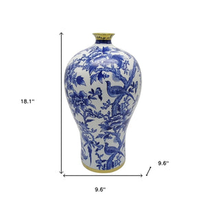 HomeRoots 18" Chinoiserie Floral Porcelain Vase – Elegant Blue & White Urn with Gold Accents for Home Décor 574255