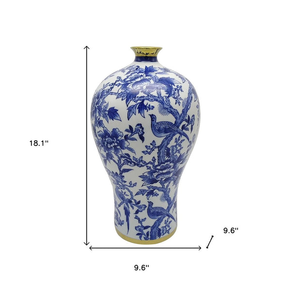 HomeRoots 18" Chinoiserie Floral Porcelain Vase – Elegant Blue & White Urn with Gold Accents for Home Décor 574255