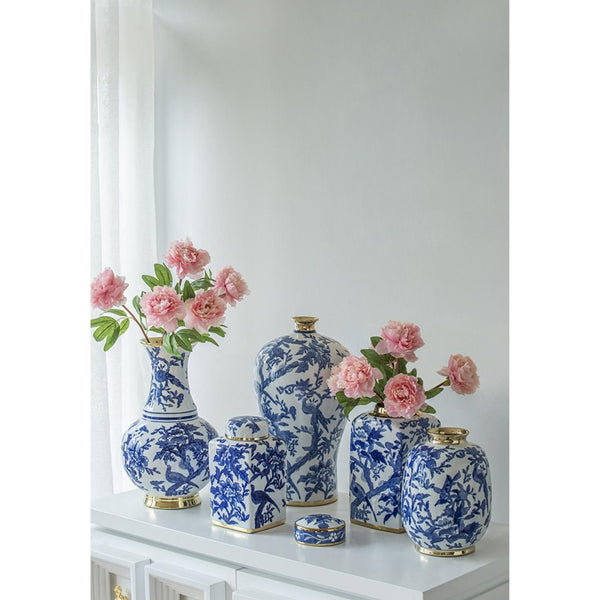 HomeRoots 18" Chinoiserie Floral Porcelain Vase – Elegant Blue & White Urn with Gold Accents for Home Décor 574255