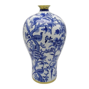 HomeRoots 18" Chinoiserie Floral Porcelain Vase – Elegant Blue & White Urn with Gold Accents for Home Décor 574255