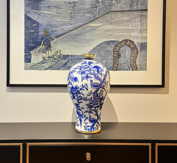 HomeRoots 18" Chinoiserie Floral Porcelain Vase – Elegant Blue & White Urn with Gold Accents for Home Décor 574255