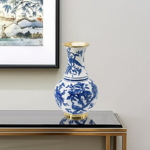 HomeRoots 16" Elegant Blue and White Chinoiserie Floral Porcelain Vase with Gold Accents for Home Décor 574256