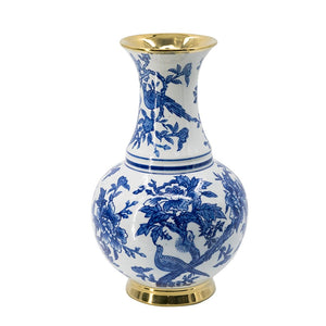 HomeRoots 16" Elegant Blue and White Chinoiserie Floral Porcelain Vase with Gold Accents for Home Décor 574256