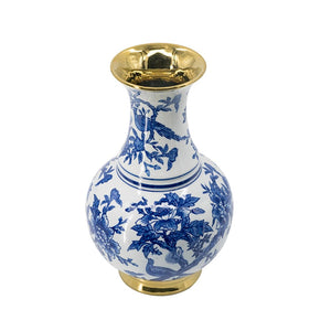 HomeRoots 16" Elegant Blue and White Chinoiserie Floral Porcelain Vase with Gold Accents for Home Décor 574256
