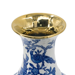 HomeRoots 16" Elegant Blue and White Chinoiserie Floral Porcelain Vase with Gold Accents for Home Décor 574256