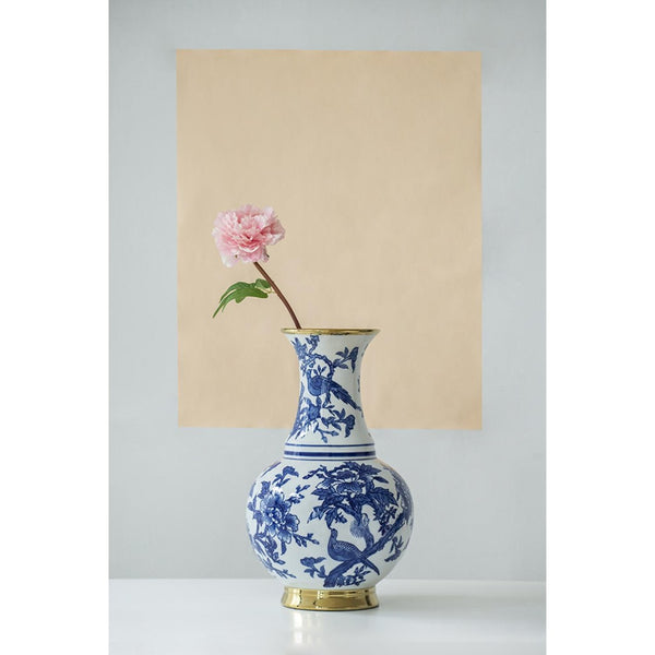 HomeRoots 16" Elegant Blue and White Chinoiserie Floral Porcelain Vase with Gold Accents for Home Décor 574256