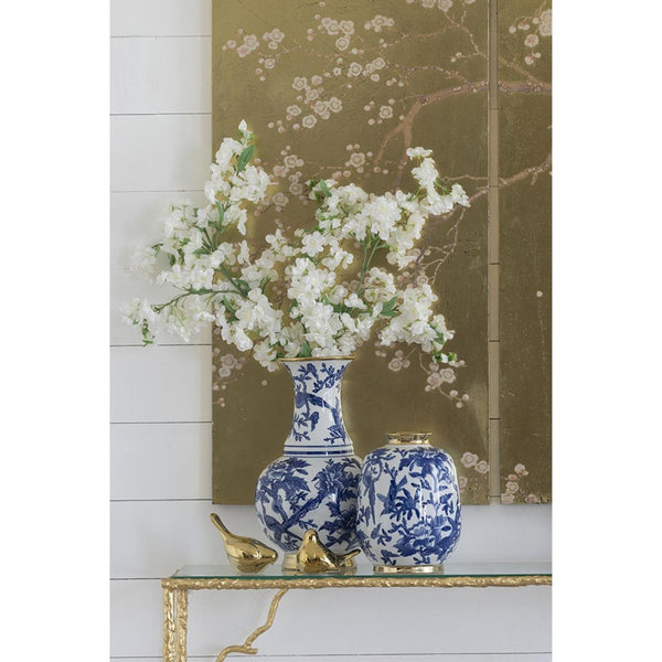 HomeRoots 16" Elegant Blue and White Chinoiserie Floral Porcelain Vase with Gold Accents for Home Décor 574256