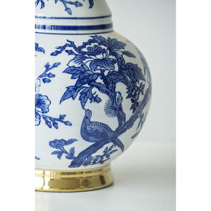 HomeRoots 16" Elegant Blue and White Chinoiserie Floral Porcelain Vase with Gold Accents for Home Décor 574256