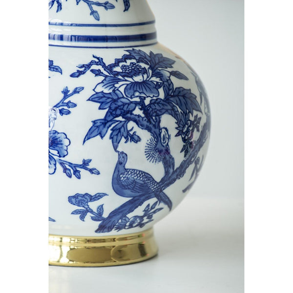 HomeRoots 16" Elegant Blue and White Chinoiserie Floral Porcelain Vase with Gold Accents for Home Décor 574256