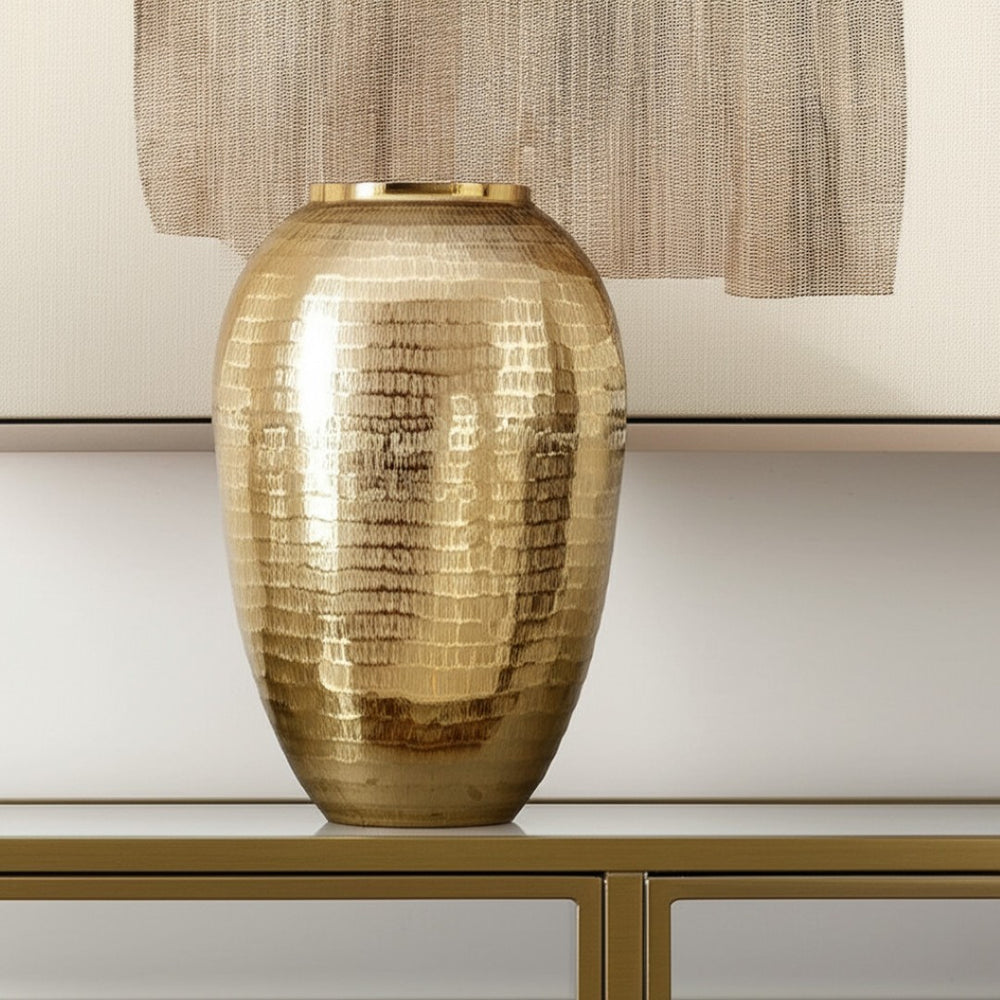HomeRoots 17" Gold Hammered Aluminum Urn Table Vase – Handcrafted Vintage Elegance for Home Decor & Gifts 574257