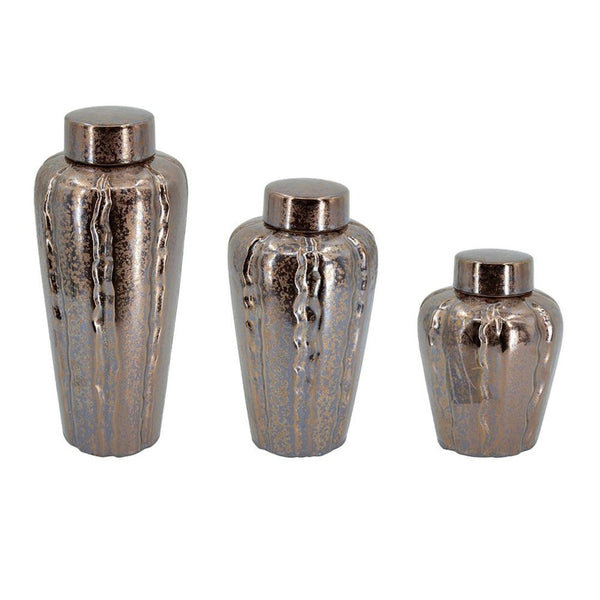 HomeRoots Set of Three Modern Bronze and Silver Round Ceramic Vases – Stylish Home Decor for Any Space 574261