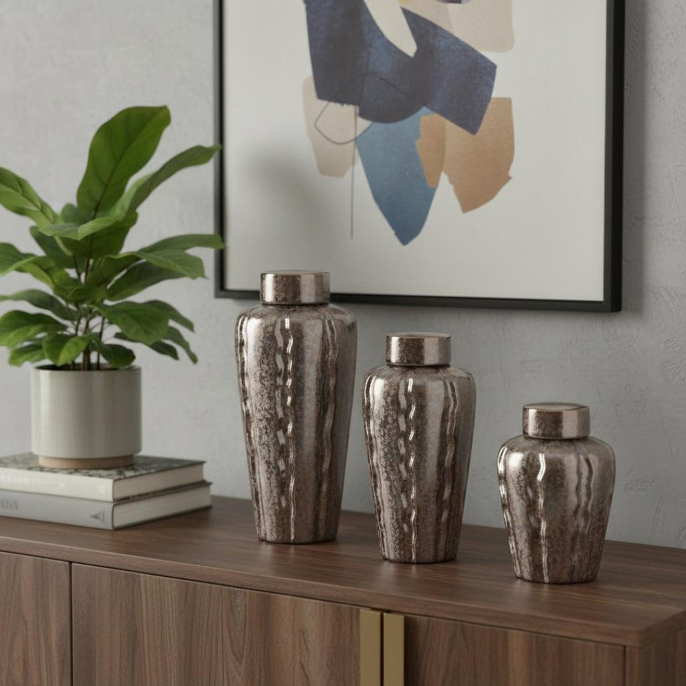 HomeRoots Set of Three Modern Bronze and Silver Round Ceramic Vases – Stylish Home Decor for Any Space 574261