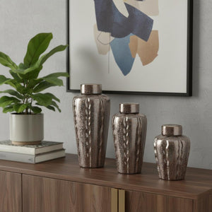 HomeRoots Set of Three Modern Bronze and Silver Round Ceramic Vases – Stylish Home Decor for Any Space 574261