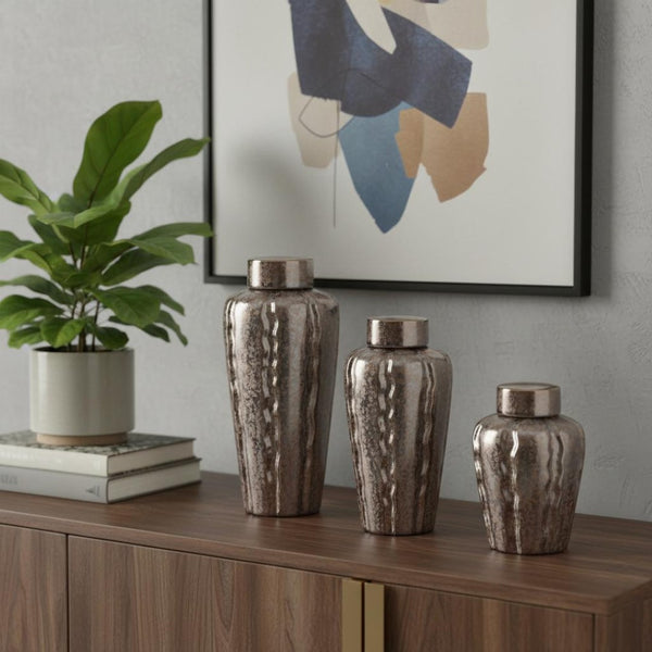 HomeRoots Set of Three Modern Bronze and Silver Round Ceramic Vases – Stylish Home Decor for Any Space 574261