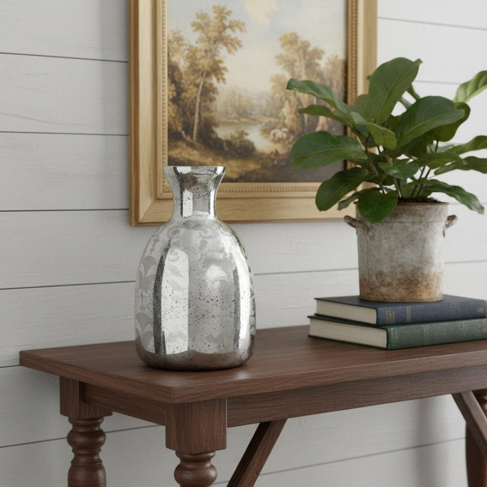 HomeRoots 18" Silver Floral Round Glass Table Vase - Elegant Home Decor Accent for Modern & Traditional Styles 574271