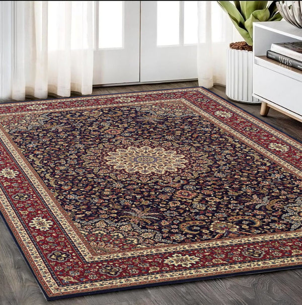 HomeRoots 6' Blue Oriental Round Rug - Elegant Design, Durable & Stain-Resistant for High-Traffic Spaces 5' X 8' 574274