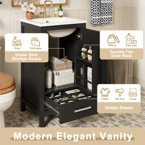 English Elm 18-Inch Modern Bathroom Vanity with Ceramic Sink, Soft-Close Doors, Divider Drawer & Adjusting Feet Black N729P334854B