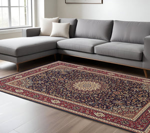 HomeRoots 6' Blue Oriental Round Rug - Elegant Design, Durable & Stain-Resistant for High-Traffic Spaces 10' X 13' 574275