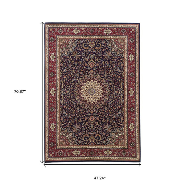 HomeRoots 6' Blue Oriental Round Rug - Elegant Design, Durable & Stain-Resistant for High-Traffic Spaces 4' X 6' 574276