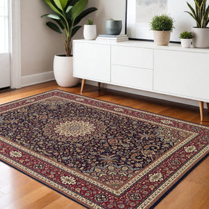 HomeRoots 6' Blue Oriental Round Rug - Elegant Design, Durable & Stain-Resistant for High-Traffic Spaces 4' X 6' 574276