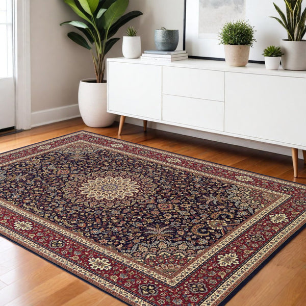 HomeRoots 6' Blue Oriental Round Rug - Elegant Design, Durable & Stain-Resistant for High-Traffic Spaces 4' X 6' 574276