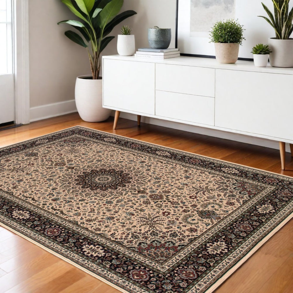 HomeRoots 6' Blue Oriental Round Rug - Elegant Design, Durable & Stain-Resistant for High-Traffic Spaces 4' X 6' 574280
