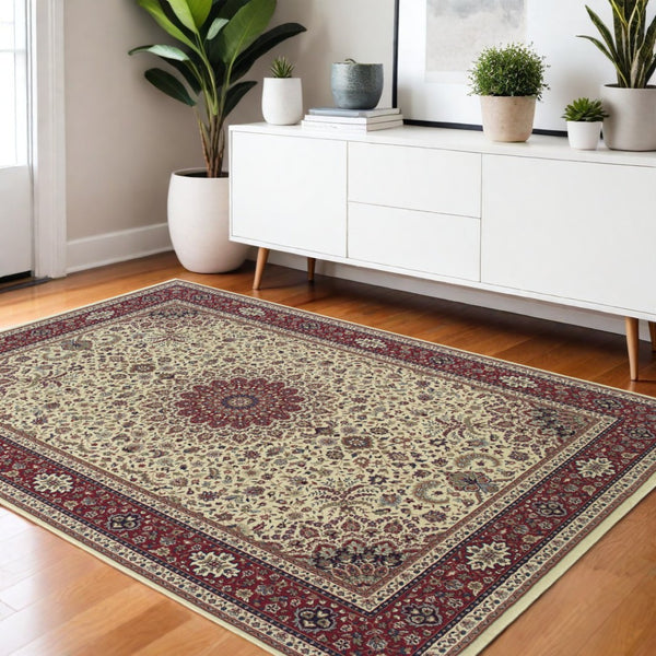 HomeRoots 6' Blue Oriental Round Rug - Elegant Design, Durable & Stain-Resistant for High-Traffic Spaces 4' X 6' 574285