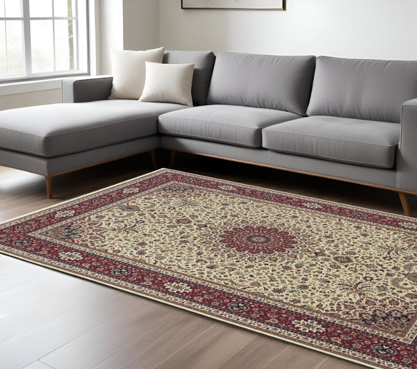 HomeRoots 6' Blue Oriental Round Rug - Elegant Design, Durable & Stain-Resistant for High-Traffic Spaces 7' X 10' 574287
