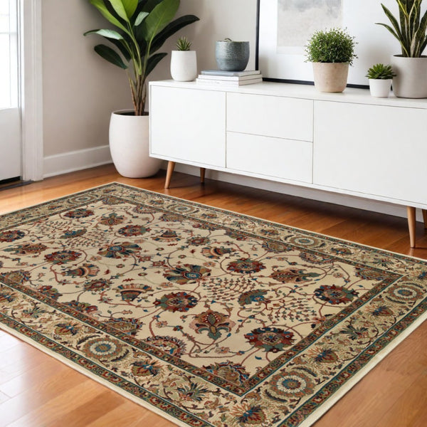 HomeRoots 6' Ivory Floral Round Rug - Elegant, Durable, Stain-Resistant Design for Timeless Home Décor Appeal 4' X 6' 574291