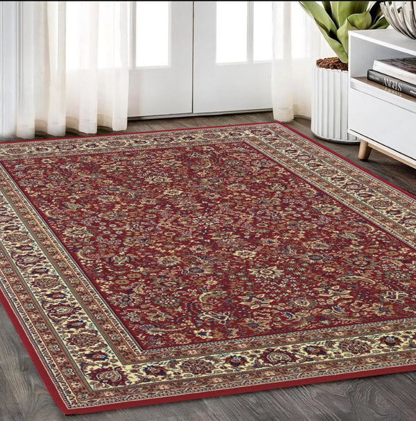 HomeRoots 6' Elegant Round Oriental Rug in Ivory, Black & Red - Timeless Style for Modern Spaces 5' X 8' 574294