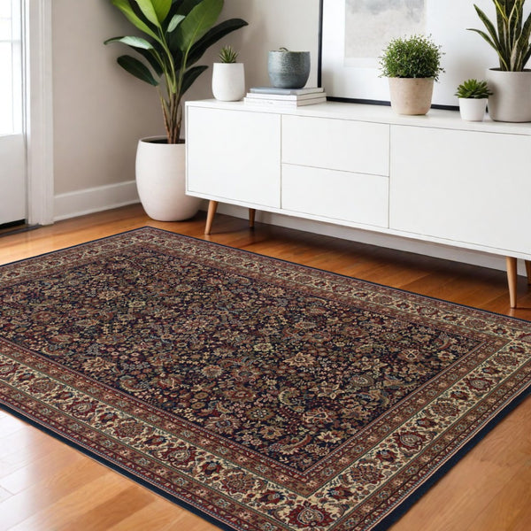 HomeRoots 6' Elegant Round Oriental Rug in Ivory, Black & Red - Timeless Style for Modern Spaces 4' X 6' 574296