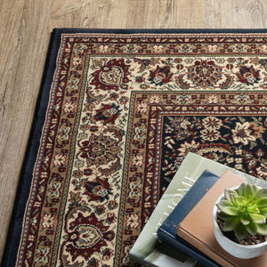 HomeRoots 6' Elegant Round Oriental Rug in Ivory, Black & Red - Timeless Style for Modern Spaces 8' X 11' 574299