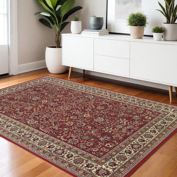 HomeRoots 6' Elegant Round Oriental Rug in Ivory, Black & Red - Timeless Style for Modern Spaces 4' X 6' 574301