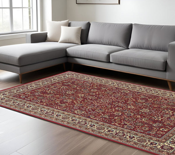 HomeRoots 6' Elegant Round Oriental Rug in Ivory, Black & Red - Timeless Style for Modern Spaces 8' X 11' 574303